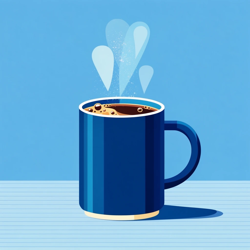 A minimalist flat vector illustration centered on a tall, dark blue mug filled with hot dark brown coffee. The mug features a rounded handle on the right side, a thin cream-colored base, and crisp vertical highlights along its cylindrical body. Several small golden bubbles cluster near the bright rim. Rising directly from the liquid surface are stylized steam elements formed by translucent, light blue teardrop shapes and a delicate spray of fine white speckles. The mug rests on a pale blue surface patterned with thin, evenly spaced horizontal lines, casting a sharp, elongated dark blue drop shadow to the right. The background is a seamless, solid sky-blue expanse. The aesthetic relies on precise geometric shapes, smooth color fields, and a cool monochromatic blue palette punctuated by the warm coffee tones.