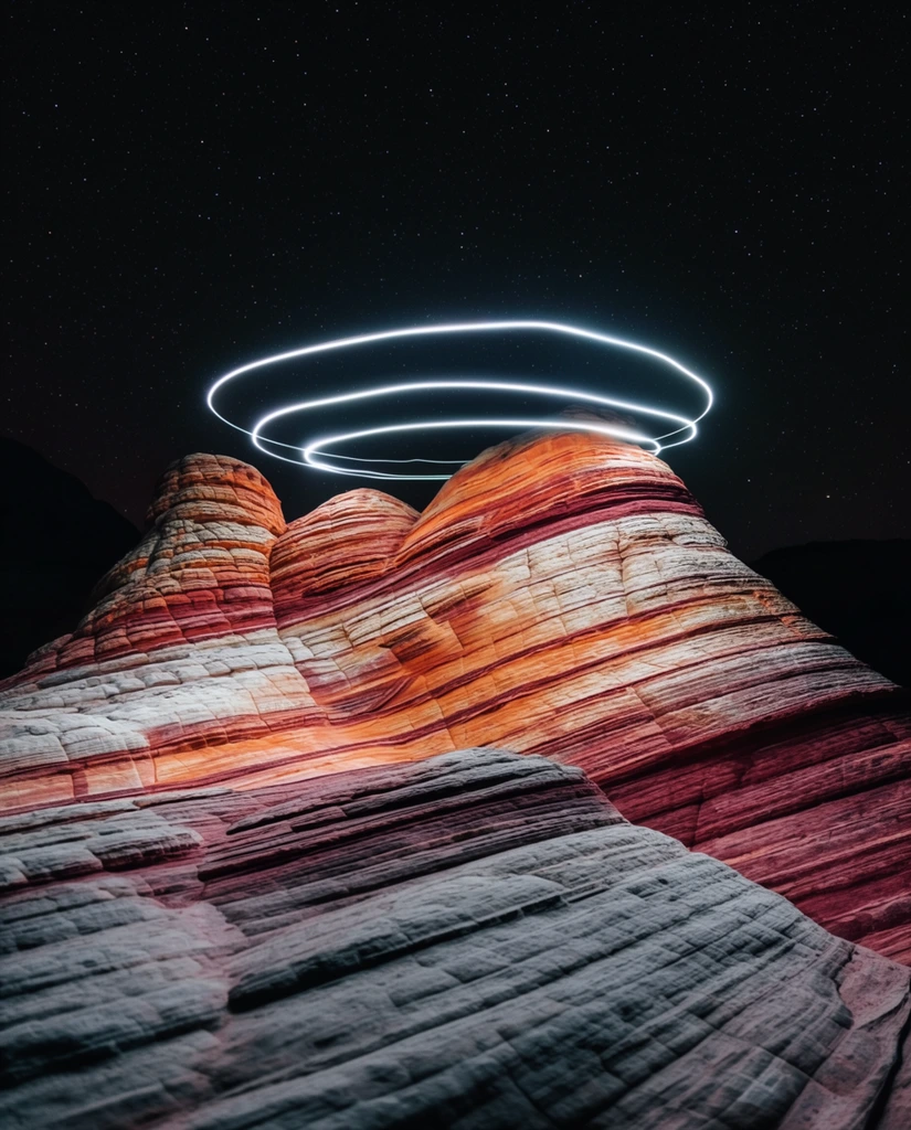 Three glowing white light rings hover horizontally over the peaks of a stratified desert rock formation beneath a starry night sky. The deeply textured sandstone exhibits distinct horizontal bands of pale grey, vibrant orange, and deep crimson. Shot in a surreal night photography style using light painting, the image creates a striking contrast between the luminous geometric halos and the organic, heavily shadowed geological ridges set against the dark, star-speckled void.