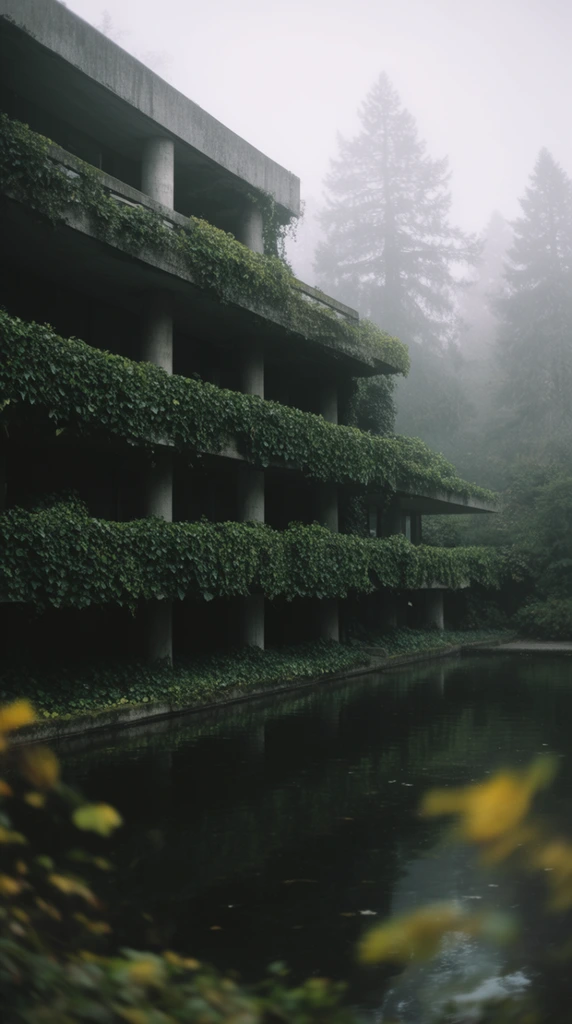 A tiered brutalist concrete building overgrown with dense green ivy stretches horizontally beside a dark, reflective pond. Receding balconies supported by cylindrical columns are heavily draped in lush vegetation. Dense white fog obscures tall evergreen trees in the background. Out-of-focus yellow and green foliage frames the foreground water. The moody architectural photograph features muted tones of forest green, slate gray, and deep black beneath atmospheric overcast lighting.