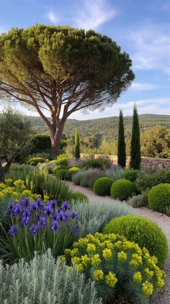 A lush Mediterranean garden features a light gravel path gently curving through vibrant, layered landscaping. The foreground is densely planted with tall purple irises, clusters of yellow euphorbia, silvery-green aromatic herbs, and meticulously rounded bright green shrubs. A massive stone pine tree dominates the midground on the left with its broad, umbrella-like canopy and thick trunk. Slender, dark green Italian cypress trees stand near a low rustic stone wall on the right. Beyond the wall, sweeping forested hills stretch across the background under a bright blue sky dotted with wispy white clouds. Warm, natural sunlight casts deep shadows across the textured foliage in this serene, deep-focus landscape photograph.