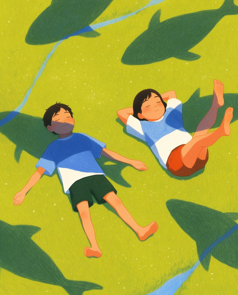 A top-down illustration of two children lying in a bright green field covered with dark green shadows shaped like large swimming fish. The boy on the left wears a blue and white color-blocked t-shirt and dark green shorts, his arms spread wide. Beside him, a girl in a matching shirt and rust-orange shorts lies with her hands behind her head and bare legs kicked upward. Both children have dark hair, closed eyes, and serene expressions. The vibrant chartreuse ground is heavily textured with a colored pencil grain, dotted with tiny white specks and crossed by thin blue streams. The surreal cast shadows of giant fish glide across the grass and the children's bodies, illuminated by warm, overhead lighting. The composition blends a flat, graphic aesthetic with a whimsical, dreamlike atmosphere.