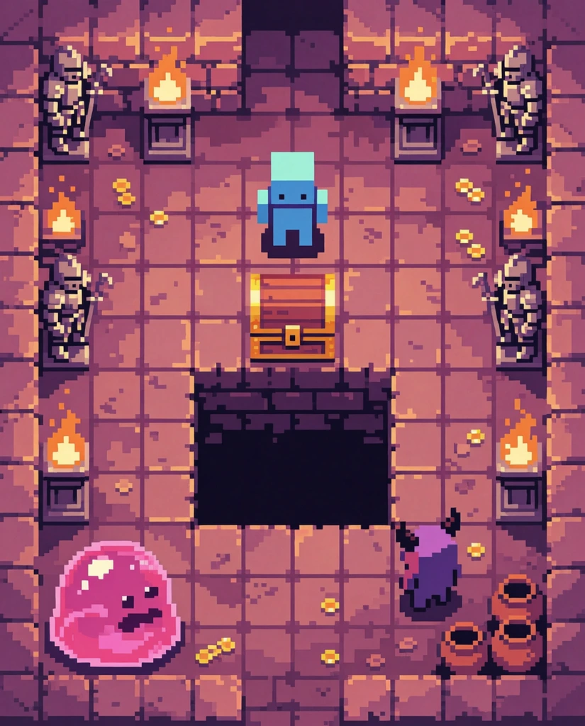 A top-down 2D pixel art scene of a blocky, light blue humanoid character standing inside a dimly lit dungeon room built from mauve and dusky pink stone blocks. The enclosed square chamber features a gridded tile floor with a large, rectangular dark void in the lower center. A closed wooden chest sits just above the pit. A gelatinous pink slime monster occupies the lower left corner, while a small purple, horned creature stands near the lower right beside spherical clay pots and scattered gold coins. The perimeter stone walls are decorated with glowing fire braziers and rigid knight statues. The visual style uses a limited retro color palette, emphasizing an 8-bit graphic aesthetic with distinct square pixels.