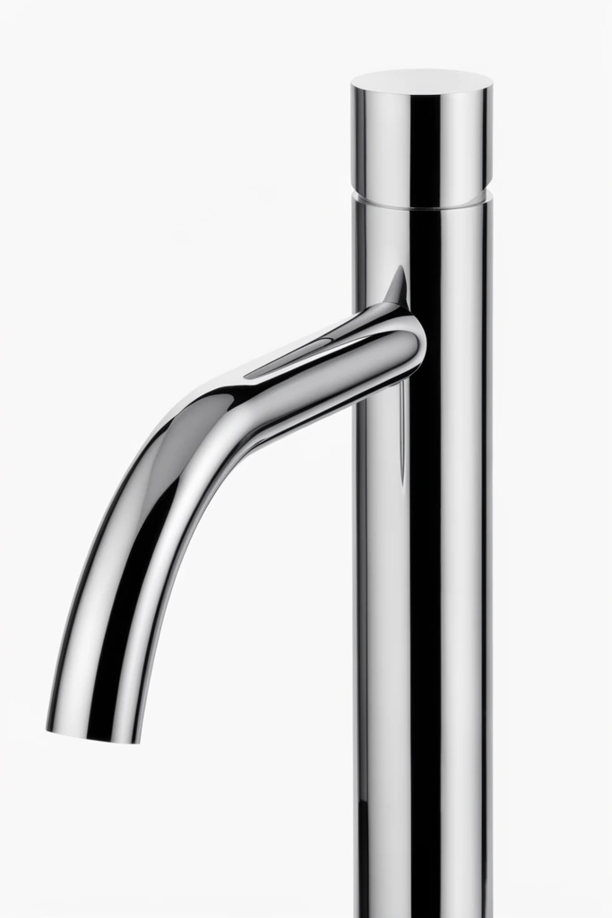 minimalist chrome faucet isolated on a pure white background, straight vertical cylindrical pillar with a flat cap, sweeping tubular spout arcing to the left and curving downwards, highly polished reflective metallic surface, sharp black and white studio lighting reflections contouring the metal, sleek intersecting geometric forms, high contrast product photography