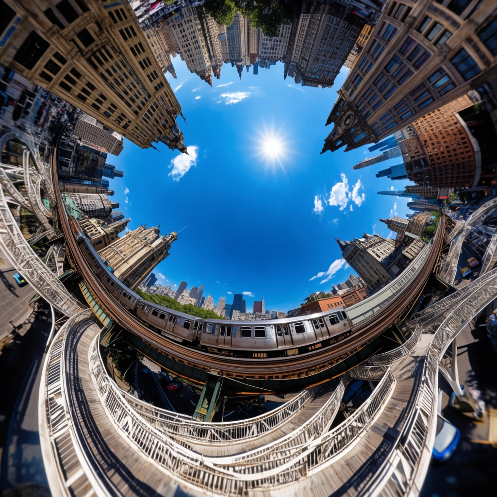 A densely built cityscape featuring a prominent elevated train track and intricate pedestrian bridges is drastically warped by an extreme 360-degree stereographic projection, creating a spherical panorama where all architecture converges inward. A bright, deep cerulean blue sky forms a circular opening in the exact center, pierced by a brilliant sunburst and scattered clouds. Stretching radially inward from the outer perimeter of the frame are towering, ornate structures and dense skyscrapers, their forms severely distorted by the extreme fisheye perspective to point directly toward the central sky. Bowing dramatically across the middle space in a deep curve is an elevated railway carrying a traversing train. Curving concentrically below the train track is a complex, multi-level pedestrian bridge system, its intertwined walkways twisting along the warped geometry of the circular environment. The high-definition photographic rendering features deep depth of field, capturing crisp architectural details, stark high-contrast daylight shadows, and a highly saturated, vibrant color palette that accentuates the dizzying, immersive optical distortion.