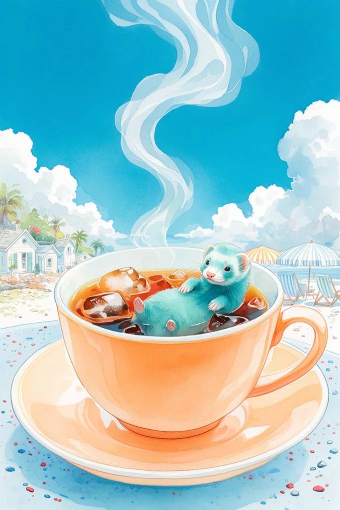 A miniature fluffy turquoise ferret floats lazily on its back inside a giant light-orange teacup filled with dark amber tea, floating ice cubes, and dark chunks. The oversized teacup and matching saucer rest on a pale blue surface scattered with tiny red and blue pebbles. An elegant, stylized column of semi-transparent white steam spirals upward from the beverage into a brilliant cyan sky. The background reveals a vibrant coastal summer scene rendered in a luminous watercolor illustration style with delicate line art. Small white seaside cottages and palm trees line the shore on the left, while striped beach umbrellas and lounge chairs decorate the right. High-key lighting and vivid pastel tones dominate the composition, sharply contrasting the warm orange ceramics against the cool azure backdrop and fluffy white cumulus clouds.