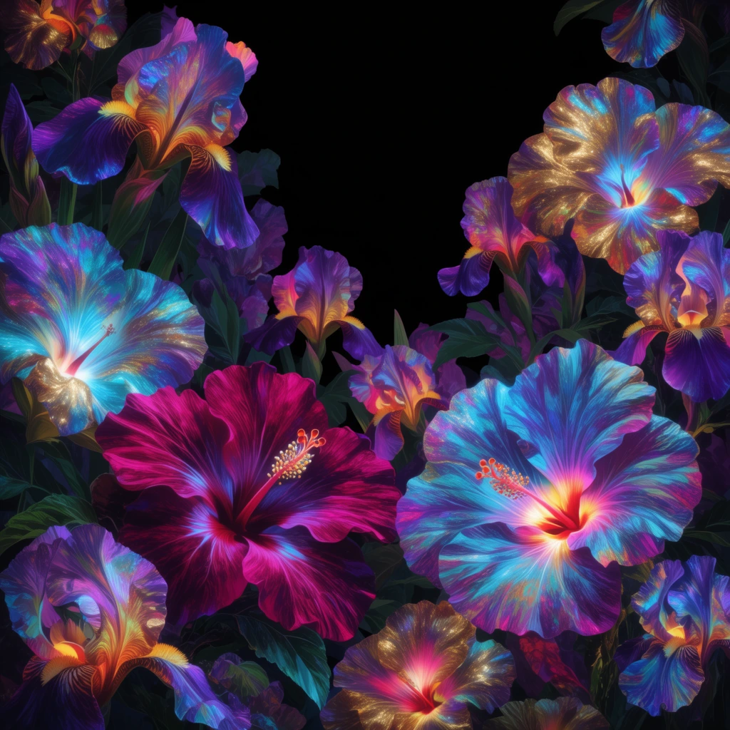 A dense arrangement of surreal, oversized flowers emerging from a stark black background. The hyper-saturated blooms feature a bioluminescent palette of deep magenta, electric cyan, iridescent purple, and shimmering gold. Intricately textured hibiscus and iris petals display glowing centers and prominent veining alongside dark green foliage. The luminescent floral cluster heavily frames the edges to create striking high-contrast negative space in this vivid botanical digital illustration.