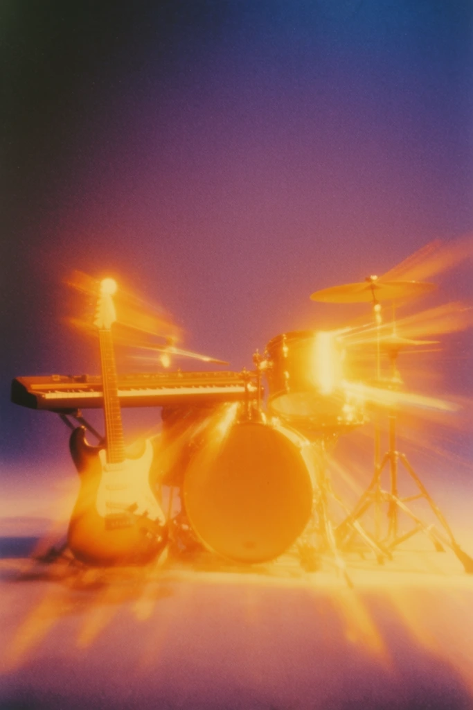A guitar, keyboard, and drum set positioned on a stage radiate an intensely glowing, blinding golden-orange light that streaks horizontally and diagonally outward, set against a smooth purple and indigo gradient backdrop. The instruments form dense silhouettes where the fierce yellow and fiery orange overexposure does not completely consume their shapes, with the emanating light bleeding in smeared, luminous flares across the surrounding stage floor. The background environment consists of a seamless, hazy color gradient transitioning from dusty mauve at the base to deep violet and dark indigo at the top. The visual treatment features a vintage, 1970s experimental film photography aesthetic characterized by extreme optical light smearing, heavy and prominent film grain, soft focus, and high-contrast surrealist rendering.