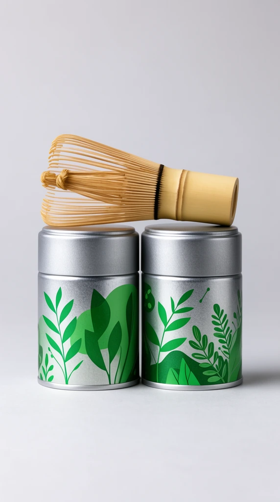 two silver cylindrical tins with green nature graphics, bamboo matcha whisk lying horizontally, light gray background, soft studio lighting, minimalist product photography