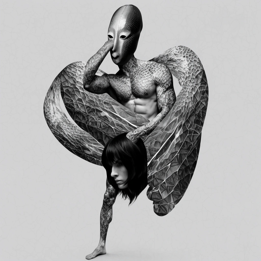surreal monochromatic hybrid humanoid, composite muscular torso with faceted scaly textures, large wing-like appendages wrapping the body, elongated mask-like head, disjointed arm covering lower face, extra spindly leg extending to floor, second dark-haired head embedded near waist, black and white collage style, avant-garde photomanipulation, high contrast, plain light grey crackled background
