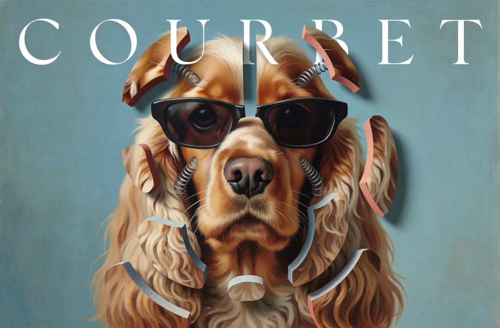 surrealist fragmented portrait of a cocker spaniel wearing sleek sunglasses, face broken into floating three-dimensional shards with visible thickness, connected by coiled silver wire armatures and springs, painterly matte texture, grainy canvas finish, muted teal-blue backdrop, elegant magazine masthead title at top, soft studio lighting with subtle drop shadows, centralized composition, warm golden fur tones, vintage surrealist collage aesthetic, sophisticated editorial graphic design