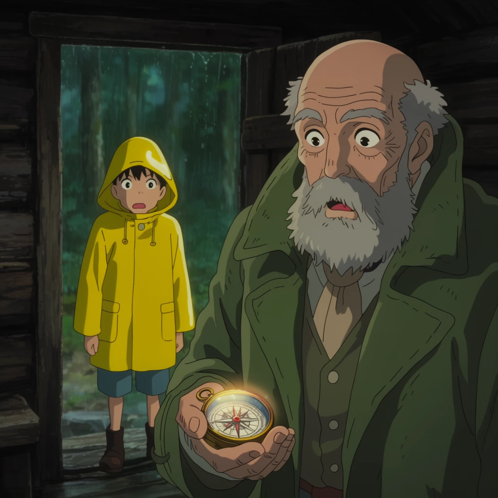 In a detailed 2D anime style, an elderly bearded man in a heavy green trench coat stares in surprise at a glowing compass. Behind him, a shocked boy in a bright yellow raincoat stands in the doorway of a dimly lit wooden cabin. The open door reveals a rainy forest. Cinematic lighting and shallow depth of field highlight the dramatic mood.