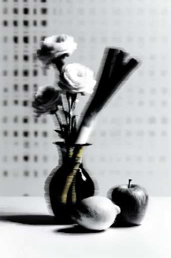Corrupted Monochrome Glitch style reference image — high-contrast black and white