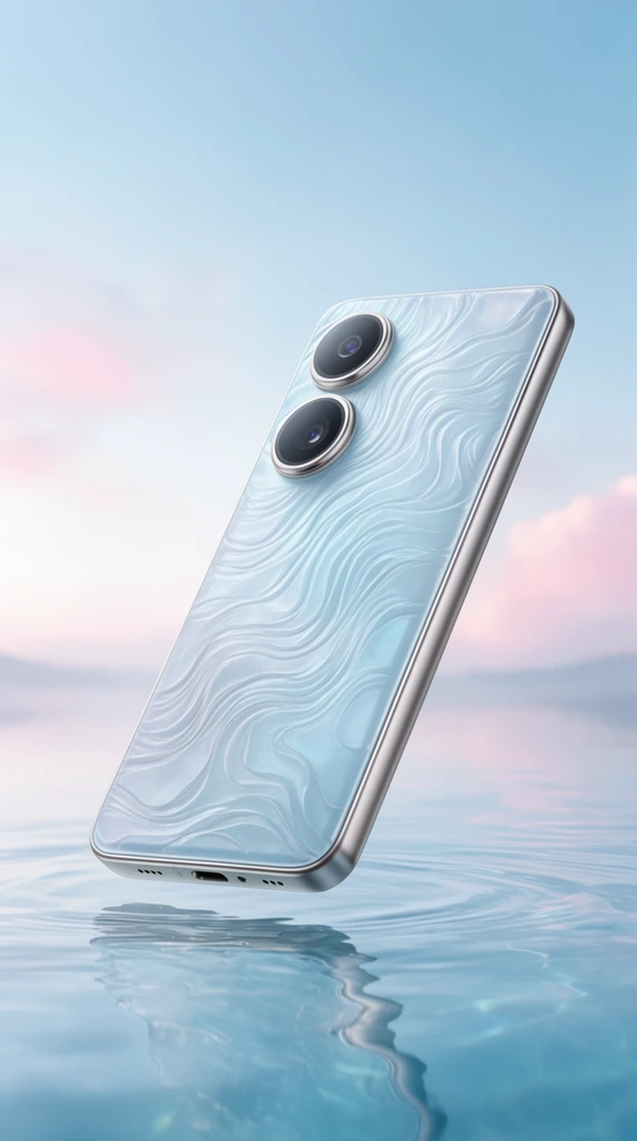 A sleek mobile device hovers diagonally above tranquil, rippling water. The back of the rectangular device features a pearlescent ice-blue surface textured with intricate, flowing topographic wave patterns. Two prominent dark circular camera lenses are vertically stacked within gleaming silver rings in the upper quadrant. The metallic silver bottom edge reveals a charging port and precise speaker grilles. Gentle ripples in the clear blue water softly reflect the hovering metallic frame. The expansive background blends a hazy, distant horizon into a soft gradient sky of pale azure and delicate blush-pink clouds. Diffused, ethereal lighting emphasizes the smooth materials and creates a serene, high-end product photography composition.