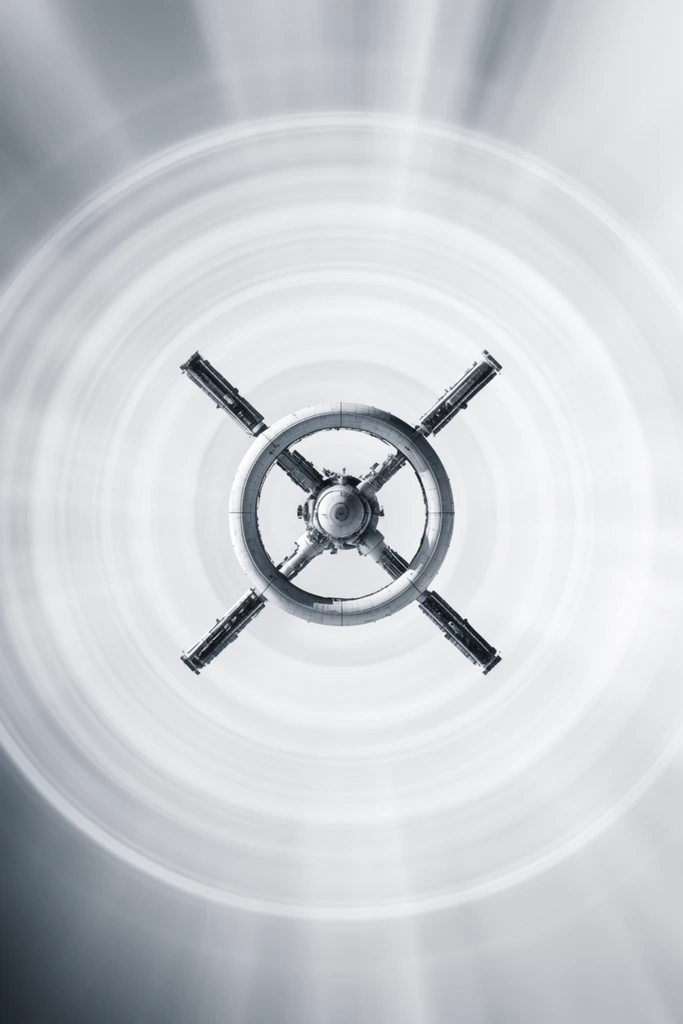 A large space station featuring a prominent central ring and four extending arms hovers directly above a planet's surface, captured from a perfectly overhead, top-down perspective. The entire composition is rendered in a high-contrast monochromatic grayscale palette, characterized by deep blacks, crisp silvery midtones, and brilliant whites. The station's central ring forms the focal point, aligning exactly with the image's geometric center, while its four structural arms stretch symmetrically outward. Beneath the station, the planet's surface forms a luminous background of smooth, concentric circular waves radiating outward toward the edges of the frame. A distinct radial zoom blur and soft, ethereal light rays emanate from the center, washing the background in a high-key glow. The structural details of the space station remain sharp and deeply shaded, standing in stark relief against the smooth, blurred gradients of the planetary backdrop. The aesthetic merges minimalist fine-art photography with abstract geometry, emphasizing sleek textures, pristine lighting, and rigorous radial symmetry.