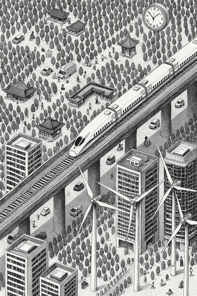 black and white isometric city landscape, intricate pen and ink illustration, sleek bullet train on a massive diagonal overpass, modern high-rises and traditional pavilions, towering wind turbines, dense geometric rows of stylized trees, tiny figures and miniature vehicles, large clock face on the terrain, extensive stippling and hatching textures, high contrast monochromatic palette, dense whimsical urban planning