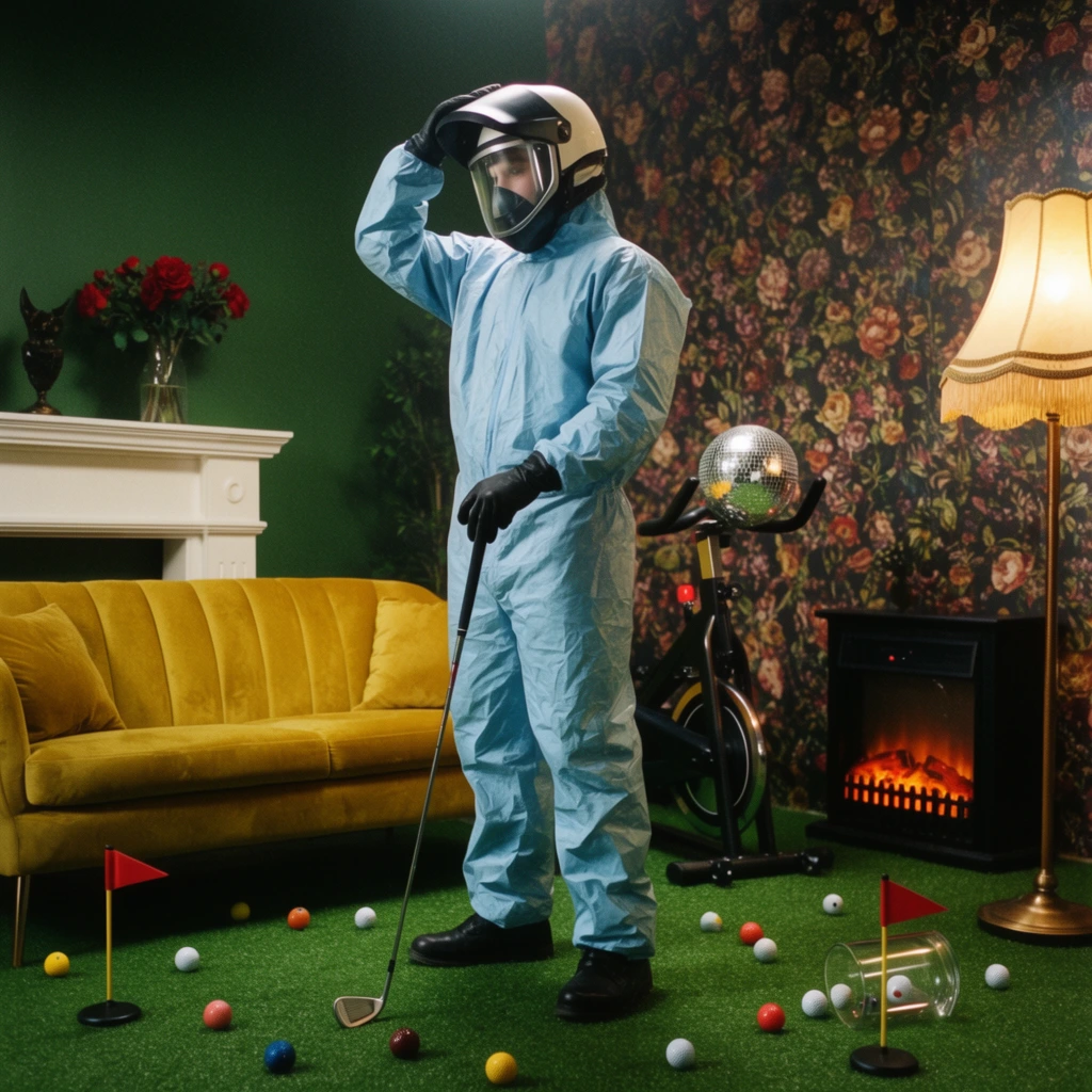 person in a light-blue hazmat suit with lifted visor and black gloves, resting one hand on their helmet while holding a golf club, standing on indoor green artificial turf scattered with colorful golf balls and miniature red flag pins, knocked-over glass cylinder, mustard yellow velvet sofa against a dark green wall, white mantel with red roses, exercise bike holding a disco ball, dark floral wallpaper, glowing fringed floor lamp, electric faux fireplace, retro-surrealist domestic setting, moody cinematic lighting, 35mm film grain