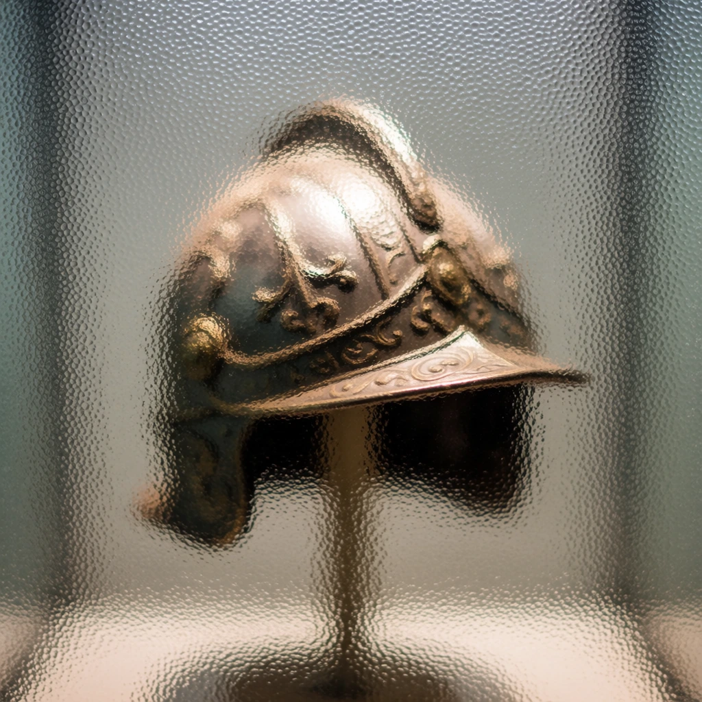 a single ornate helmet on a stand centered and obscured behind a pane of stippled frosted privacy glass, featuring embossed mid-century beveled starburst patterns, the subject rendered as a soft-focus silhouette, lighting transitions from a cool sky-blue gradient at the top to a warm sepia glow at the bottom, heavy granular glass texture, diffused backlighting, tactile pebbled surface, ethereal nostalgic atmosphere.