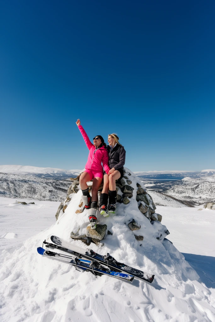 Two women celebrating atop a snow-covered rock cairn, bright pink jacket and shorts, raised arm, skis resting on pristine snow below, expansive winter mountain landscape, deep clear blue sky, bright daylight, wide-angle