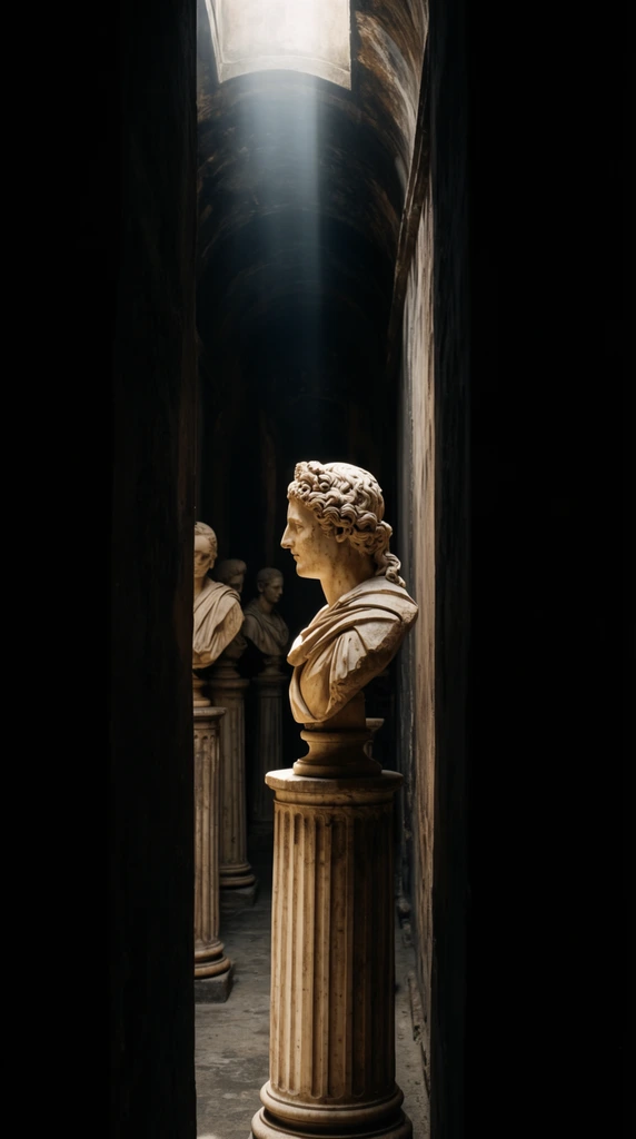 A narrow, dimly lit corridor displays classical marble busts on fluted pedestals, framed by heavy, pitch-black walls in the immediate foreground. A strong beam of top-down light cascades from a skylight, sharply illuminating the carved curls and draped shoulders of the foremost stone sculpture facing left. Additional busts recede into the darkened, arched hallway. The warm, weathered stone hues contrast sharply against the enveloping darkness, creating an intense chiaroscuro effect with dramatic depth and deep shadows.