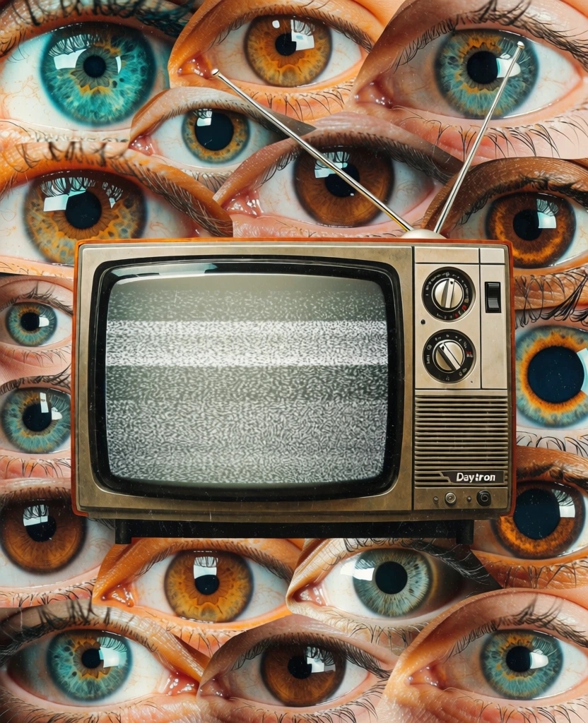 A vintage television set with a beige frame sits at the center of a dense, surreal collage composed entirely of human eyes. The television screen is filled with high-contrast black and white static, and its right side features a control panel with two large circular tuning knobs, a rectangular power switch, and a horizontally slatted speaker grille at the bottom. Two thin, silver telescopic antennas extend diagonally upward from the top of the TV. Small, white sans-serif text on the bottom right of the speaker grille reads "Daytron". Surrounding the television is a vibrant assembly of human eyes in various sizes, shapes, and colors, including shades of bright teal, amber, deep brown, and hazel. The eyes are layered and overlapping, showing detailed textures of the irises, eyelashes, and surrounding skin. The composition is centered and flat, with a grainy, analog texture across the entire image that enhances its retro, surrealist aesthetic. The lighting is even, highlighting the specular reflections on the pupils and the metallic sheen of the TV's antennas.