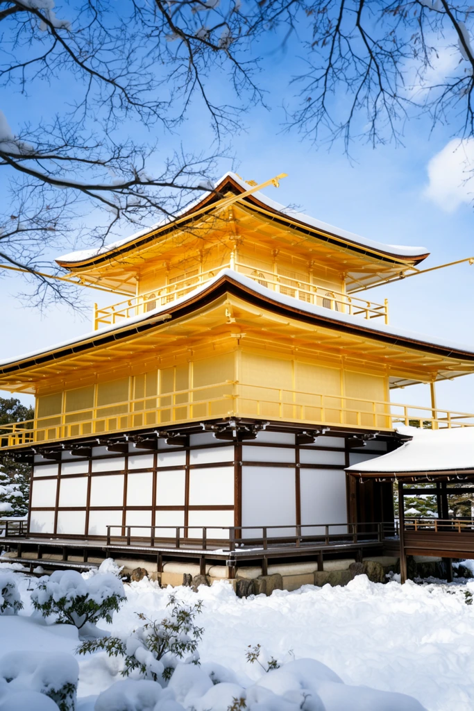 golden Japanese pavilion, three-story architecture, bright gold leaf upper floors, snow-covered curved roofs, bare tree branches framing foreground, thick snow on ground, blue sky, high-resolution winter photography