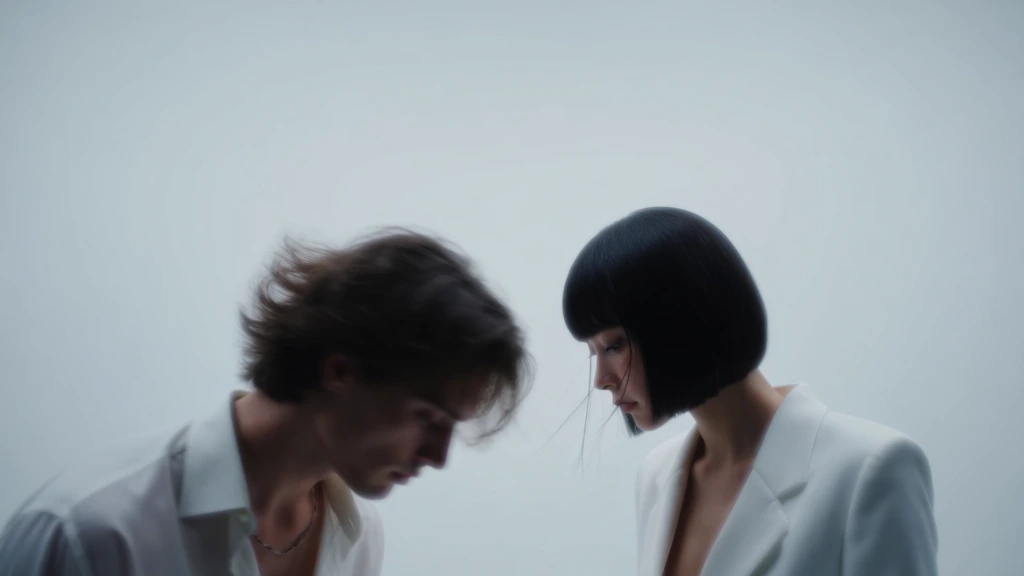 A soft, intimate portrait shows two young adults standing face to face, nearly kissing, isolated against a plain pale gray background with a dreamy, blurred atmosphere. photographic portrait, soft-focus fashion editorial, romantic minimalism, contemporary studio image, shallow depth of field, gauzy lens blur, ethereal, quiet, intimate, restrained, cinematic, low visual clutter, high negative space, editorial vibe, reminiscent of Peter Lindbergh, Paolo Roversi, Sarah Moon, muted palette, grayscale-leaning neutrals, black hair, white clothing, pale skin tones, soft exposure, low-to-moderate contrast, diffused lighting, no harsh shadows, likely wide aperture, slight motion softness or intentional defocus, no visible grain, no strong artifacts, clean background. The composition places the pair low and centered in the frame, leaving a large expanse of empty wall above them. On the left side, a young man is shown in side profile facing right; only his upper torso and head are visible. He has medium-length, tousled dark brown hair that flares outward slightly at the back and top, and he wears a loose white button-up shirt with a soft collar. His face is mostly in shadow and blur, but his nose and jawline are defined as he leans forward. On the right side, a young woman stands in side profile facing left. She has a sleek, chin-length black bob with a few fine strands falling near her cheek, and she appears to wear a small hoop or drop earring on her visible ear. She is dressed in a structured white blazer or wrap-style top with a deep V neckline, exposing part of her upper chest. Their noses and lips are almost touching at the center of the image, creating the emotional focal point. Their eyes appear lowered or closed, and their posture suggests a paused kiss. The plain background is smooth and featureless, enhancing the silhouettes and the quiet tension between them.