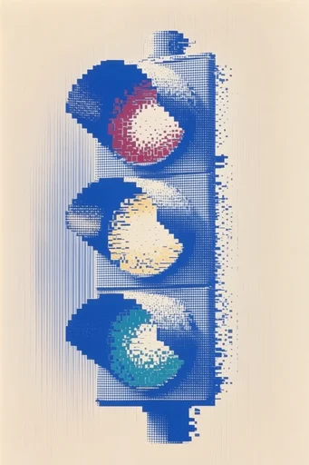 Digital Risograph Minimalism style reference image — geometric grid fragmentation