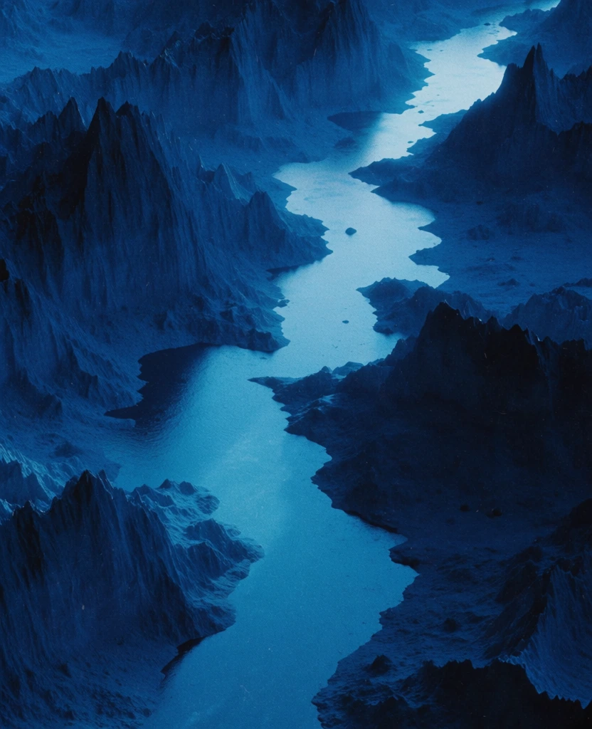 bird's-eye view of a winding river cutting through a valley of sharp jagged rock cliffs, monochromatic deep indigo and cerulean blue palette, heavy atmospheric film grain, gritty noise, ethereal submerged aesthetic, high contrast between dark shadows and luminous cyan highlights, moody cinematic lighting, soft focus edges, minimalist surrealist composition, looking through deep water or hazy blue fog, dramatic textures, 35mm analog film photography style.