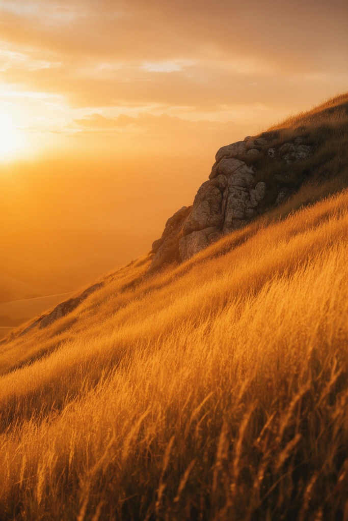 steep hillside covered in tall golden grass sloping diagonally towards the lower left, bathed in intense warm amber light from a low sun on the left horizon, weathered gray rocky outcrop embedded in the upper right slope, thick atmospheric haze obscuring distant valleys, cinematic landscape photography, glowing golden hour volumetric lighting, expansive and serene natural environment, rich warm color palette of gold and orange