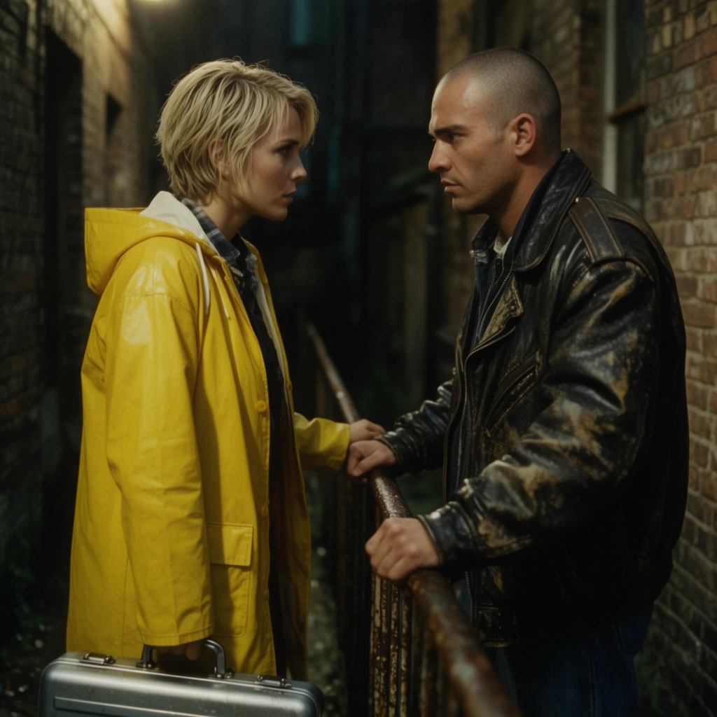 tense confrontation, woman with short blonde hair in a yellow raincoat carrying a metal briefcase, man with a shaved head in a distressed leather jacket, standing close with intense eye contact, hands resting on a rusty iron railing, dimly lit narrow brick alleyway, dramatic shadows, 90s thriller film aesthetic, cinematic lighting, shallow depth of field, 35mm film grain