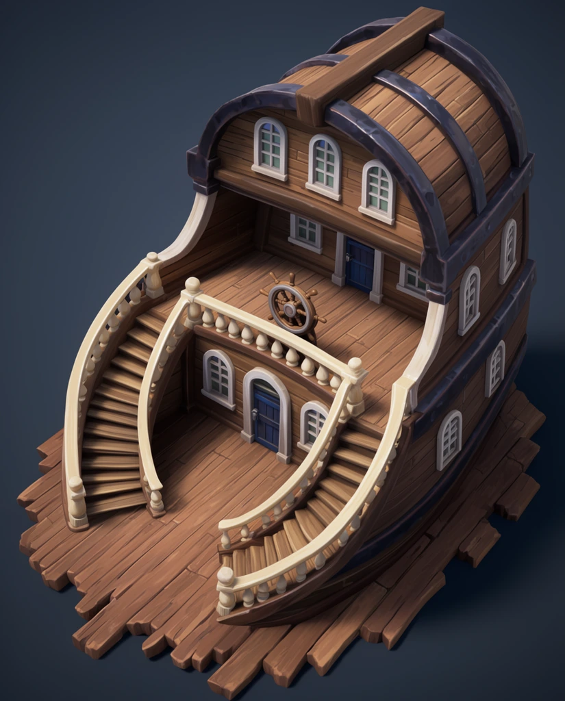 stylized isometric 3D render of a wooden ship stern cutaway, sweeping curved double staircases with cream-colored balustrades, upper wooden deck featuring a classic ship wheel, lower and upper cabin structures with arched white-framed windows and dark blue doors, rounded wooden roof reinforced with thick dark metal bands, staggered and jagged wooden plank base, hand-painted texture style, warm brown wood tones contrasting with a solid dark grey-blue background, soft directional lighting, crisp shadows, video game asset aesthetic, high quality digital 3D art