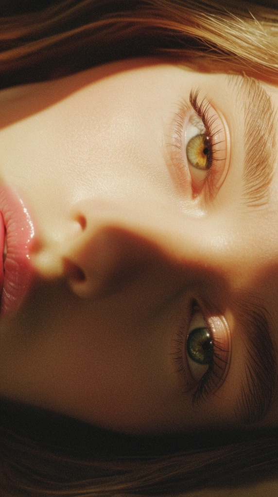 Extreme close-up horizontal portrait of a face bathed in warm, directional golden light. The fair skin shows natural texture, framed by brushed eyebrows, prominent eyelashes, and partially visible glossy pink lips. A sharp diagonal shadow crosses the nose bridge, contrasting the brightly illuminated hazel top eye with the shadowed, greener bottom eye. Wisps of hair frame the edges. High fashion editorial beauty photography shot with a macro lens, featuring intimate framing, dramatic chiaroscuro, and pronounced analog film grain.