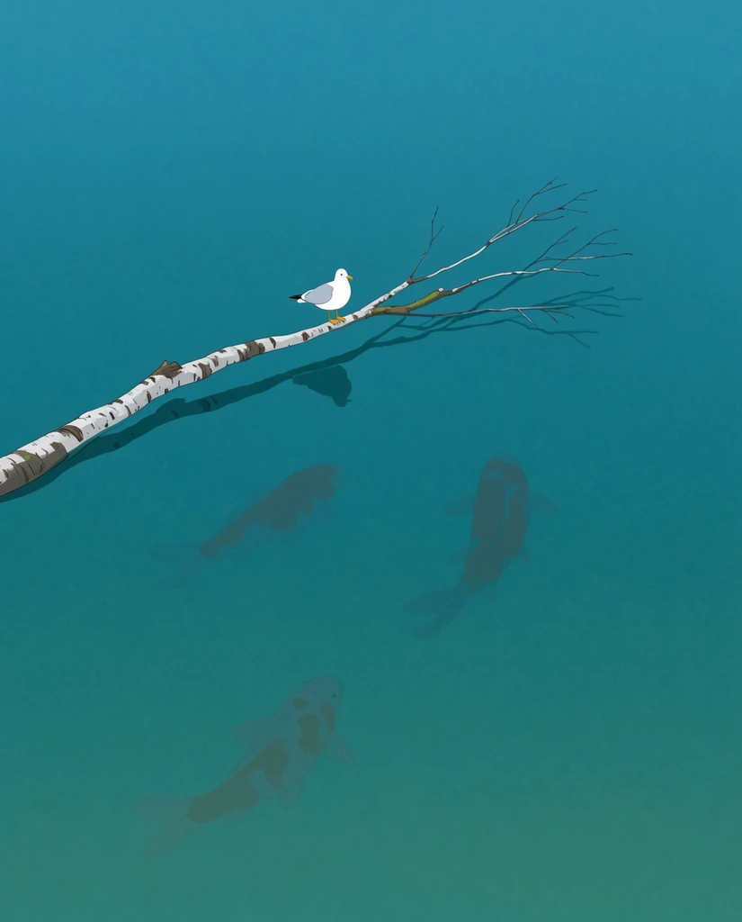 A solitary white seagull rests on a slender silver birch branch floating diagonally across a vast, flat expanse of vibrant teal water. Rendered in a minimalist 2D illustration style with immense negative space and a top-down perspective, the serene composition reveals three faint, dusky silhouettes of giant koi fish gliding silently in the hazy depths beneath the floating wood.