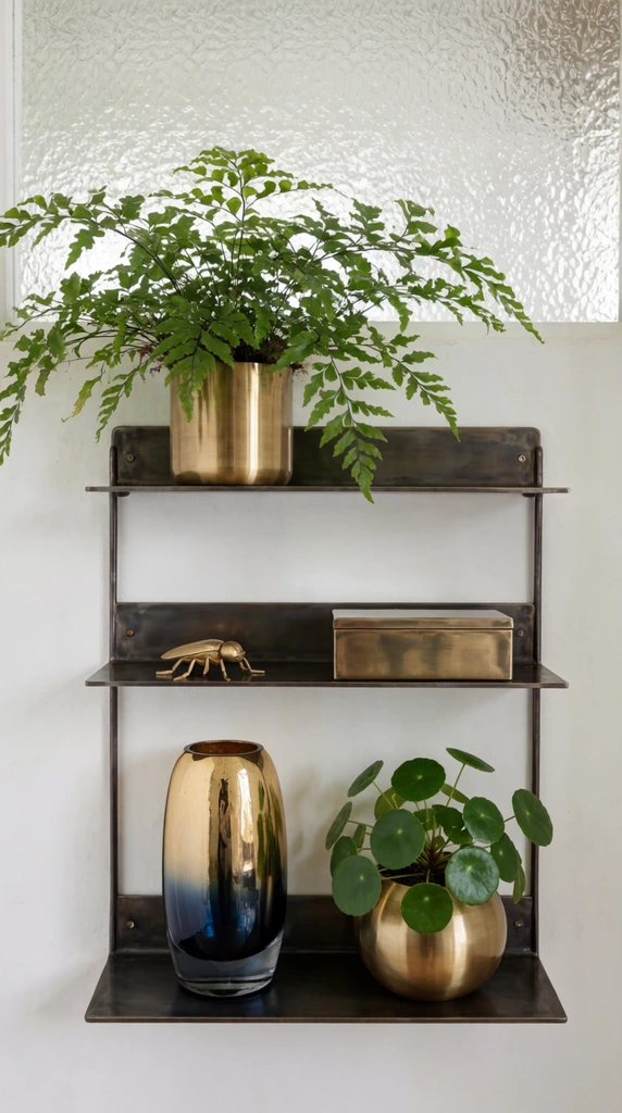 A three-tiered dark metal shelf mounts on a white wall beneath a textured translucent glass panel. The top shelf holds a sprawling fern in a cylindrical brass planter. A golden insect figurine and a rectangular metallic box rest on the middle tier. The bottom shelf displays a tall gold-and-navy gradient glass vase beside a round-leafed green plant in a spherical brass pot. Diffused light highlights the polished metal.
