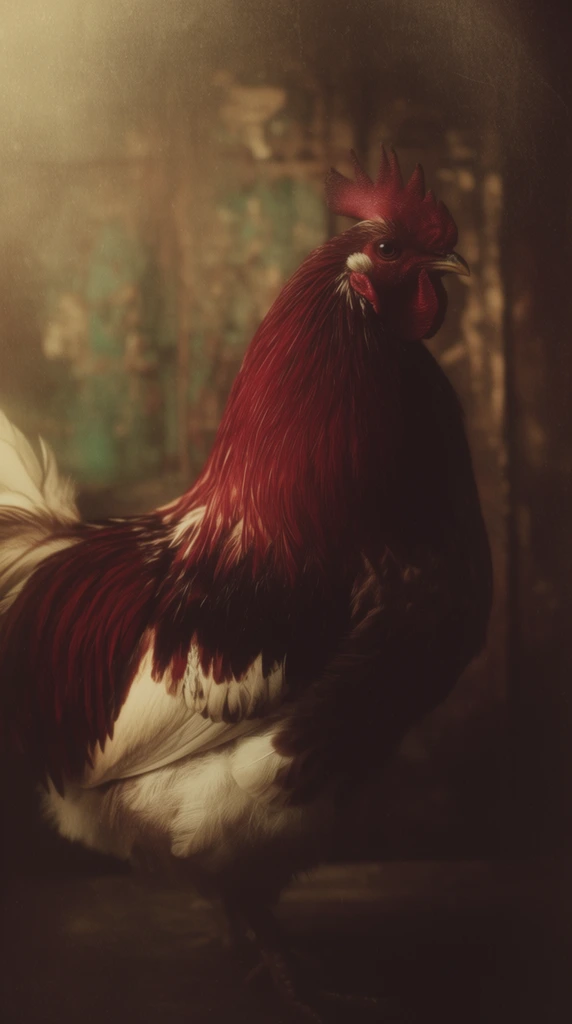 A single rooster positioned in strict profile facing right, rendered with a moody, Baroque-inspired fine art aesthetic. The rooster's plumage displays voluminous, highly detailed layers of deep crimson, dark burgundy, and creamy vintage white, illuminated by soft, directional warm light emanating from the upper left. This lighting creates a dramatic chiaroscuro effect, casting deep, velvety shadows across the lower right and blending the subject into a heavily obscured, sepia-toned environment. The composition features a shallow depth of field, rendering the background into a soft bokeh of indistinct, heavily textured, distressed surfaces in muted earth tones and subtle oxidized greens. A heavy vignette, fine film grain, and a soft, glowing focus give the image the tactile, layered appearance of a classic oil painting combined with high-end antique portrait photography.