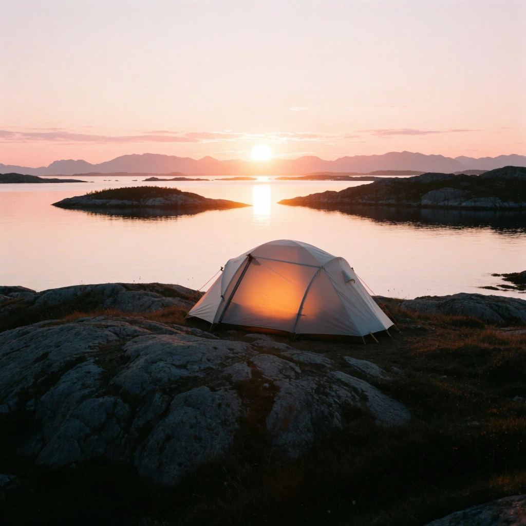 white dome tent glowing with warm orange interior light, pitched on a rugged grey rocky outcrop with dark sparse grass, calm reflective coastal water, small rocky islands breaking the glassy surface, distant mountain range silhouetted against a radiant setting sun, soft pastel pink and pale peach sky, outdoor adventure photography, low camera angle emphasizing textured foreground rocks, contrast between deep shadowed terrain and luminous sunset, film grain texture