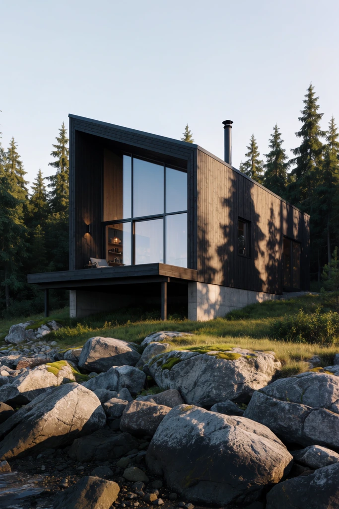 modern asymmetrical cabin, dark vertical wood siding, expansive floor-to-ceiling glass facade, elevated wooden deck on concrete stilts, black metal chimney, nestled in an evergreen forest, rugged foreground of large grey boulders and mossy grass, rocky shoreline, long dramatic shadows cast across the architecture, soft golden sunlight, photorealistic architectural photography, low angle perspective, crisp textural details