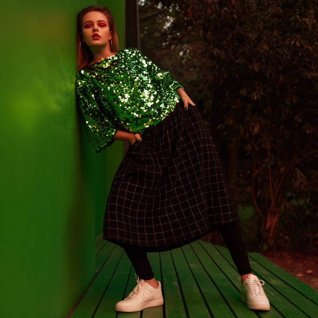 young woman leaning on bright green wall, shiny green sequined top, black grid skirt, black leggings, white sneakers, wide stance, red eyeshadow, green wooden deck, dark foliage background, low angle fashion portrait, warm moody lighting