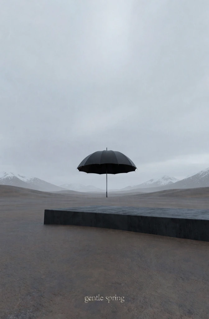 precise minimalist composition featuring a solitary matte black umbrella hovering over a monolithic concrete platform, vast desolate plains leading to hazy snow-capped mountains, overcast slate sky with fine vertical streaks of rain, elegant lowercase sans-serif typography reading 'gentle spring' positioned at the base, desaturated cinematic palette of taupe and cool greys, hyper-realistic textures, diffuse northern light, high-signal surrealism, pristine digital rendering.