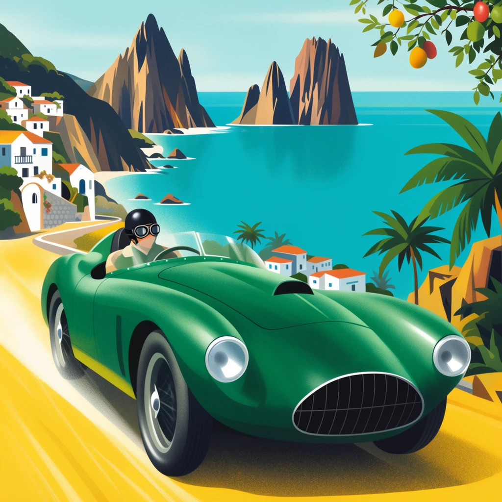 emerald green vintage open-cockpit racing car approaching dynamically on a yellow cliffside road, driver wearing a black helmet and goggles, vibrant turquoise ocean bay background, towering jagged volcanic spires rising from the water, white coastal villas with terracotta roofs, green palm fronds, branches bearing tropical fruit, vintage travel poster illustration, flat vector aesthetic, soft stipple shading textures, bright high-contrast colors, dramatic low angle perspective