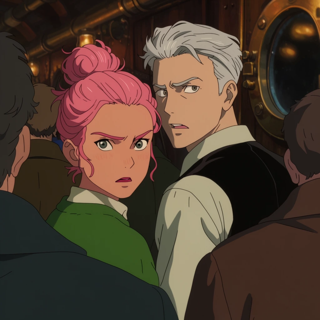 A young woman with a pink messy bun in a green sweater and a silver-haired man in a black vest look over their shoulders inside a crowded steampunk airship cabin. The tight close-up frames their tense expressions against shadowed passengers in heavy coats standing in the foreground. Warm gaslight reflections glow against a dark brass porthole on the right. The scene is rendered in a highly detailed 2D cel-shaded animation style with flat colors and crisp character outlines.