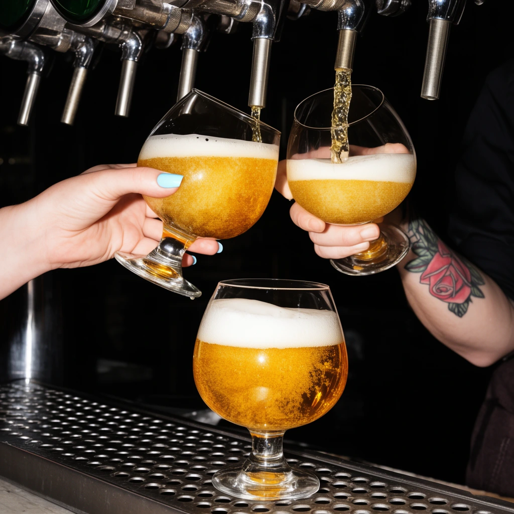 Golden beer pours from metallic taps into snifter glasses held by two bartenders in a dark setting. Three glasses feature prominently: one resting full on a perforated steel drip tray, and two angled under the flowing liquid. One hand displays light blue nail polish, while the other bartender has a rose forearm tattoo. High-contrast flash photography starkly illuminates the amber liquid and white foam against deep background shadows.