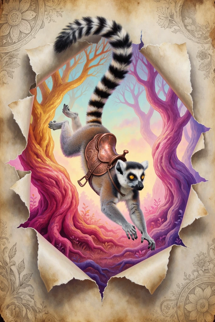 A ring-tailed lemur wearing an ornate copper saddle leaps through a jagged, torn opening in aged parchment. Suspended mid-air with glowing yellow eyes, its striped tail curls upward, overlapping the curled paper edges in a trompe l'oeil effect. Inside the frame, a surreal woodland features twisting tree trunks transitioning from golden-orange to vibrant magenta and purple. A soft pastel blue and yellow gradient sky illuminates this highly detailed storybook illustration, contrasting the vivid magical forest with the faintly patterned monochromatic outer paper border.