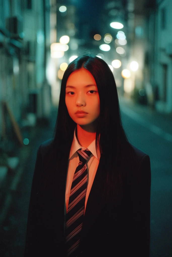 A young East Asian woman with long straight black hair stands centered in a nighttime alleyway, wearing a dark blazer, white collared shirt, and diagonally striped tie. A striking reddish-orange light warms her face, contrasting with the deep teal shadows of the urban environment. The background blurs into a shallow depth of field with glowing circular bokeh from distant city lights, capturing a cinematic portrait with soft analog film grain.