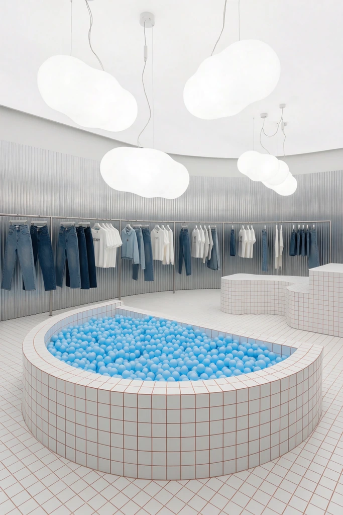 A minimalist clothing store interior centered on a semi-circular ball pit constructed of white square tiles with terracotta grout, brimming with light blue plastic balls. Curved brushed metal clothing racks displaying denim and white garments encircle the pit's rear. Above, glowing, irregular cloud-shaped pendant lights hang from a bright ceiling. The stark environment features matching white tiled floors, corrugated metallic back walls, and clean white geometric display tables under even architectural lighting.