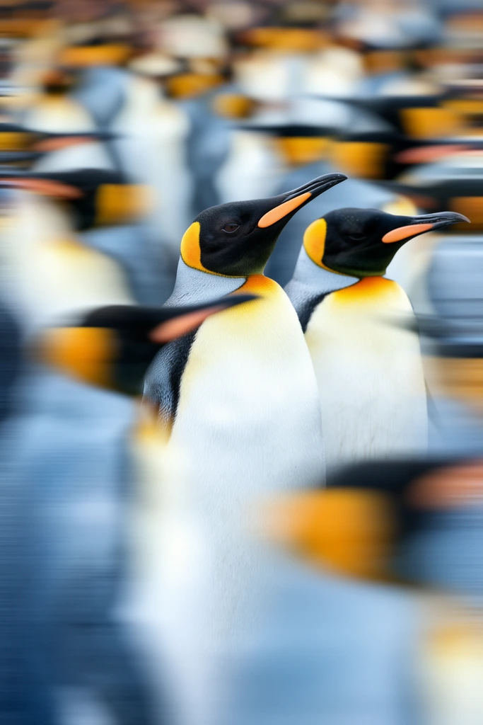 A king penguin stands in sharp focus looking upwards to the right, surrounded by the heavy horizontal motion blur of a crowded flock. The central bird displays a black head, a long beak with an orange lateral stripe, and vivid orange ear patches grading into a bright white chest. Beside it, a second mostly sharp penguin faces right. Aggressive directional blur streaks in black, white, pale yellow, and icy grey-blue dominate the foreground and background. The photographic technique contrasts the crisp feather textures of the central subject against the completely abstracted, smeared forms of the surrounding birds.