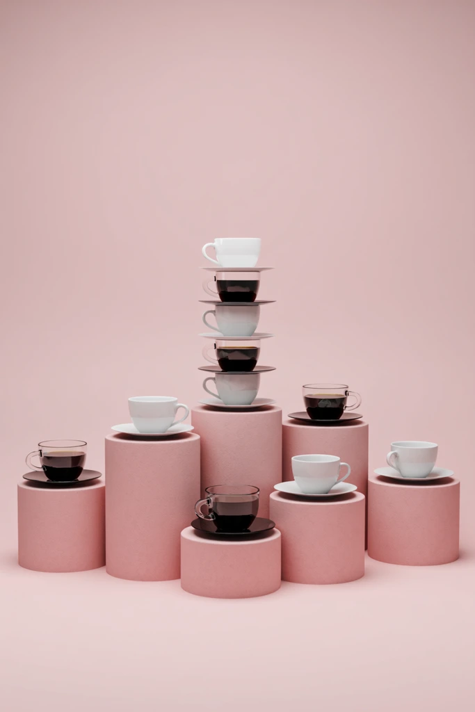 A minimalist 3D rendering of pink cylindrical pedestals arranged symmetrically against a seamless pastel pink background. Resting on these textured pedestals are coffee cups, alternating between clear glass mugs with dark coffee on black saucers and white ceramic cups on white saucers. The tallest central pedestal showcases a vertical, tiered stack of alternating cup styles. Soft, diffused studio lighting casts subtle shadows, emphasizing the clean composition and monochromatic pastel color palette.