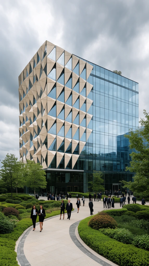 A modern glass office building features a striking geometric facade of beige triangular panels. A curved paved walkway winds through a lush green landscaped plaza populated by business professionals under a cloudy overcast sky.