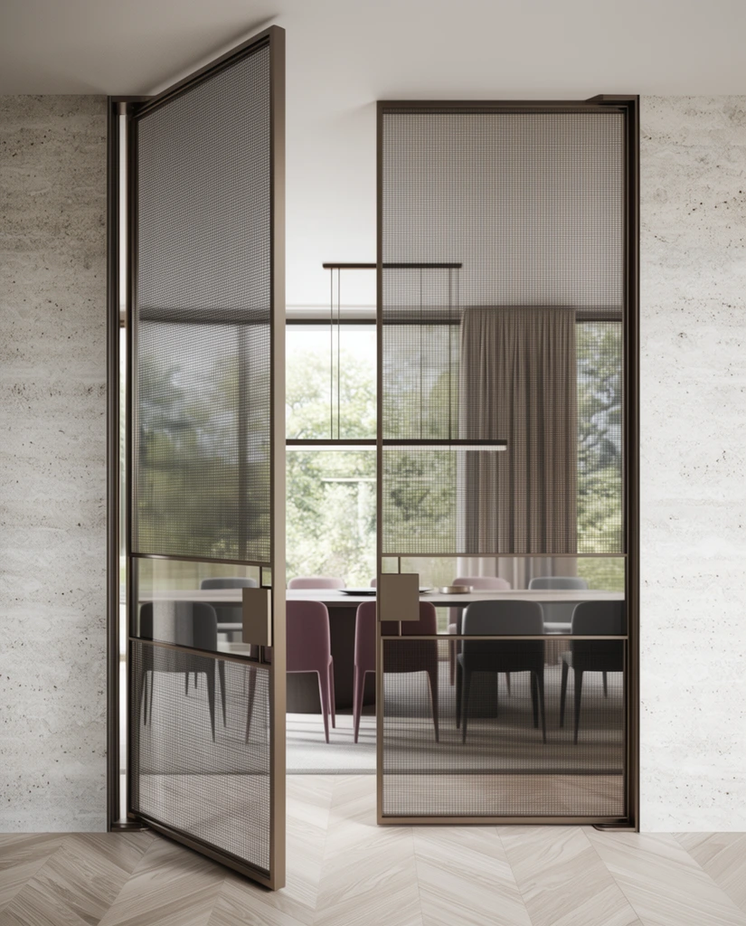 Tall modern interior pivot doors with dark bronze metal frames, fine metal mesh within glass panels, central horizontal band of clear glass, left door slightly ajar, minimalist rectangular metal handles, contemporary dining room visible through the glass, long table, linear pendant light, mauve and charcoal chairs, windows revealing green trees, textured stone walls, foreground light wood chevron flooring, high-end architectural photography, soft natural daylight, straight-on perspective