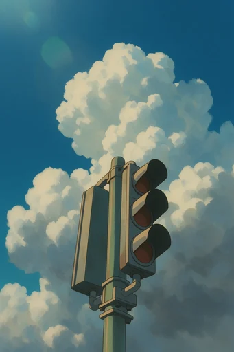 Nostalgic Surrealist Skies style reference image — deep cobalt blue sky